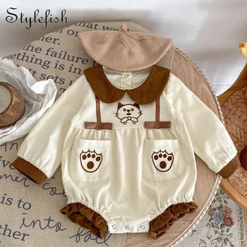 Jesenné oblečenie pre dojčatá a batoľatá vo veku od 0-3, milé mačiatko, vyšívané bábika golier, dlhé rukávy romper, sladké plazenie