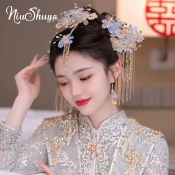 NiuShuya Čínske Vlasy Stick Hanfu Headdress Dievča Svadobné Modrý Kvet Retro Svadobné Doplnky Do Vlasov