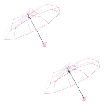 2X Automatický Dáždnik Dáždnik Dážď Ženy, Mužov, Slnko, Dážď Auto Kompaktný Skladací Dáždnik Transparentné + Ružová Hranice