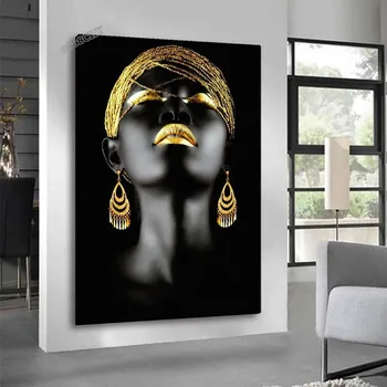 Moderný Charakter Domov Obývacej Izby, Dekorácie, Maliarstvo, Africká Žena Black Gold Art Plátno Plagáty a Tlačí na Steny Umenie nástenná maľba
