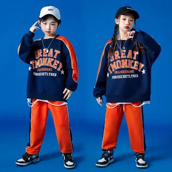 Dieťa Hip Hop Oblečenie Orange Listov Tlač Mikina Top Bežné Ulici Potu Bezec Nohavice pre Dievča, Chlapca, Tanečných Kostýmov, Šiat Nastaviť
