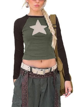 Ženy Gotický Falošné-Dve Kus Tričko Y2K Vintage Grafické Dlhý Rukáv Grunge Topy Jeseň Dospievajúce Dievča Alternatívne Oblečenie