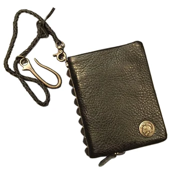 Móda nit reťazca Originálne Kožené peňaženky, kožené pánske peňaženky krátky zips okolo mužskej kabelku peniaze klipy lebky peniaze taška Čierna