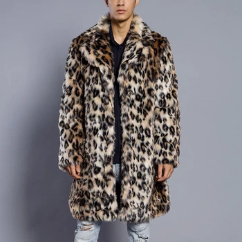Mens Leopard Kožušinový Kabát Zimný Outwear Hrubý Kabát Mužov Bežné Vetrovka Bundy Dlhé Kožené Teplé Zvrchníky Pravé Kožušiny Značku Oblečenia