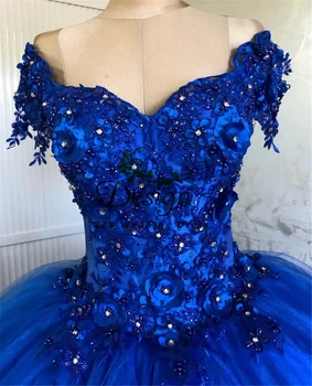 Reálne Obrázky Hlboké V-Neck Modrá Tylu 3D Kvety Appliques plesové Šaty, Vestidos De Quinceañera 2021 Stužkové Šaty 16 Dievčat