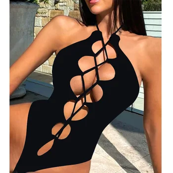 Duté Z Plavky Ženy 2024 Nové Solid Black Vystrihnúť Backless Remeň Monokiny Obväz Plavky Dovolenku Jednodielne Plavky