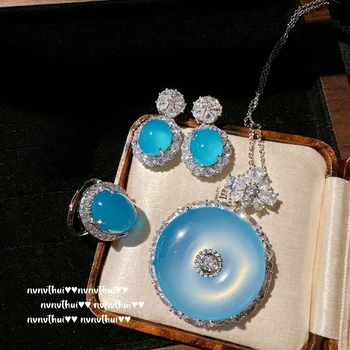 Nové Jemné Modré Jade Šperky Sady pre Ženy, Luxusné 14K Bieleho Zlata Á Vintage 3ks Krúžok Náušnice Náhrdelník Svadobné Party Darček