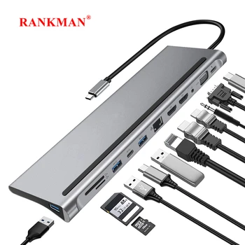 Rankman USB C Hub na RJ45 Typ C 4K Kompatibilný s HDMI VGA SD TF USB 3.0 2.0 PD Dock Stanica pre iPad a MacBook Samsung S21 Dex HDTV