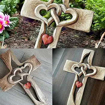 Drevené Prepletené, Srdce Kríž Ručne Vyrezávané Ornamenty, Dvojité Srdce Kríž Symbolizuje Visí Plastika Pre Domáce Obývacia Izba dekor